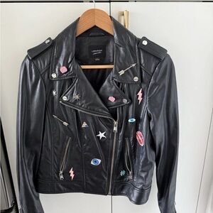 Lamarque Leather Moto Biker Jacket With Pins And Patches  Size Large